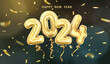 3d realistic isolated vector with gold gel balls as numbers two thousand and twenty four, 2024, dark background, New Year's balloons to decorate your design, Christmas, New Year, advertising