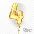 Golden 4 number four metallic balloon. Party decoration golden balloons. Anniversary sign for happy holiday, celebration, birthday, carnival, new year