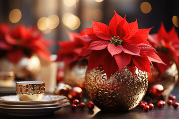 Sticker - Christmas poinsettia flowers in gold vase on the table in living room in holiday lights background