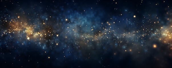 Shimmering Cosmos: Abstract Glitter Lights in Blue, Gold, and Black. De-focused, Bokeh Elegance for Web Banners and Designs, Wide Size