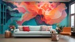 A room with artistic drawings painted on the walls with colorful paints.