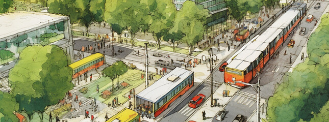 Urban planning sketch highlighting sustainable elements like green spaces, public transportation, and pedestrian zones