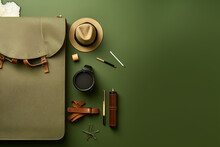 Travel Supplies Isolated On An Olive Color Background