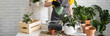 © satura_ - Gardening home banner copy space. Woman replanting and watering green plant from watering can in home. Potted green plants at home, home jungle, floral decor. Florist shop concept