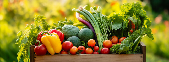 A farmer keeps fresh vegetables in an eco-friendly box in the garden, concept of healthy and organic food and living