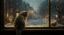 A Curious Cat Perches On A Snowy Windowsill, Gazing Intently At The Birds Outside. The Glass Pane Separates The Feline From The Winter Wonderland Beyond.