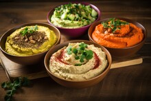 Various Hummus Bowls Chickpea Avocado And Lentil Hummus On Wooden Table