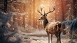 deer decorated with Christmas decorations in a serene winter forest. a deer stands among snow-covered trees, decorated with holiday decorations,