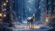 deer decorated with Christmas decorations in a serene winter forest. a deer stands among snow-covered trees, decorated with holiday decorations,