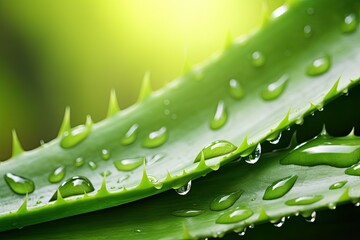 Wall Mural - Water droplets on green background on fresh aloe vera leaves