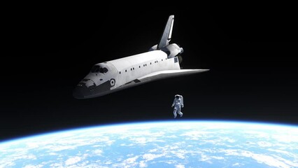 Sticker - astronaut and the space shuttle in orbit above earth