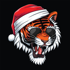 Wall Mural - Tigar head wearing santa hat and eyeglasses vector illustration for your company or brand