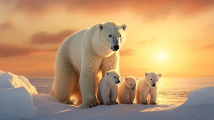 Wall Mural - polar bear family in the snow in the north