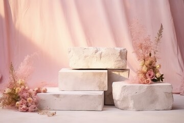 White stone podium with dried flowers on pink background Installation broken stone slabs white stone platform rough textured block objects