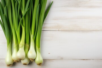 Sticker - White wooden background with leek and vegetables top view free space