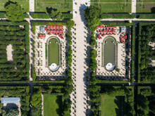 Aerial Landscape Of Majestic Garden Fountains In Greenery