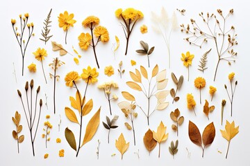 Poster - Yellow flowers branches leaves and petals arranged on a white background Overhead view