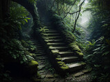 Fototapeta Las - A rocky staircase in a lush jungle leads one to an imaginary world - AI Generative