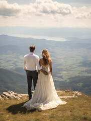 Elopement, bride and groom in casual attire, atop a mountain, panoramic views of the valley below, ethereal, natural sunlight