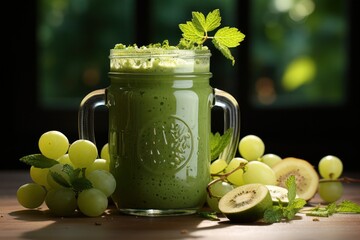 Wall Mural - green smoothie made from grapes and fruits on a wooden table in the home kitchen. healthy eating and self-care. 