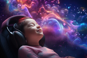 Wall Mural - A young girl wearing headphones, enjoying her favorite music. Perfect for illustrating the joy of music or technology in daily life.