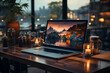 Laptop in the evening on a wooden table in the office with design for websites is a trendy template for online trading and e-commerce.