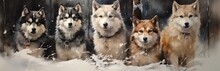 Painting With Dogs Running In The Snow. Huskies In The Wild, Beautiful Furry Animals. Concept: Winter Dog Breed. Helpers For People In Difficult Conditions Of The North.
