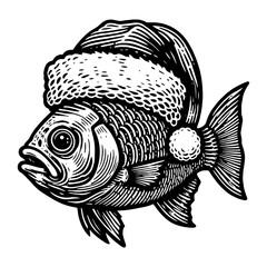 Sticker - fish wearing a Santa Claus hat Christmas sketch
