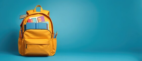 Isolated on a blue background. A full yellow school backpack contains books. returning to school idea. Copy space for text, advertising, message, logo