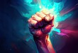 © Login - A clenched fist is raised upward. A symbol of protest, rebellion and strength. Fighting and freedom concept. Human arm. Digital art. Illustration for banner, poster, cover, brochure or presentation.