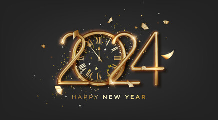 2024 New Year luxury shiny gold numbers, modern design, and a golden 2024 countdown with realistic clock and glitter sparkles