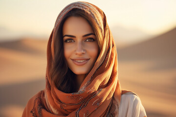 Beautiful arabic woman wearing veil in sandy desert Generative Ai illustration