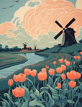 Windmill And Tulips, Typical Landscape In Holland, Risograph Vintage Style Illustration