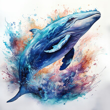 Illustration Of A Blue Whale With Watercolor Paints