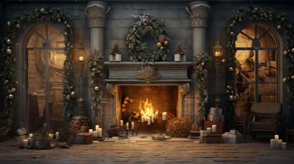 Wall Mural - Stylish interior of living room with Christmas decoration fireplace. Christmas decoration.