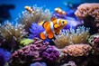 clownfish and blue malawi cichlids swimming near coral