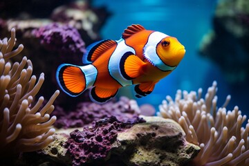 clownfish and blue malawi cichlids swimming near coral