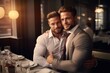 © Jafree - handsome, brutal, muscular men hugging in a restaurant. Gay couple. Two husbands. The spouses are gay and homosexual. Non-traditional orientation. Strong connection, love, affection and friendship.