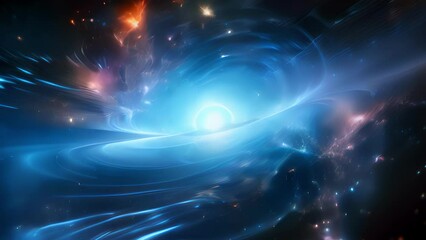 Wall Mural - A distant quasar radiates cosmic energy, emanating powerful beams of accelerated particles that traverse the cosmos, leaving a mesmerizing imprint on the fabric of spacetime itself. Abstract video