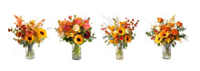 Set Of Flower Bouquet On White Background PNG. Flowers In A Glass Cup.