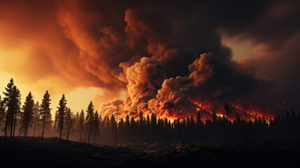 Poster - a forest fire with smoke and clouds