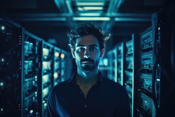 Wall Mural - Portrait of man while running servers in a data center