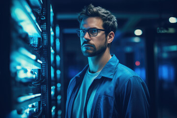 Wall Mural - Portrait of man while running servers in a data center