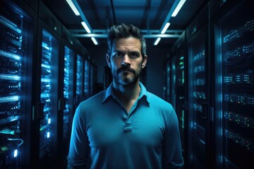 Wall Mural - Portrait of man while running servers in a data center