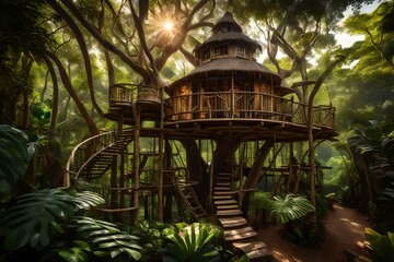 Wall Mural - A beautiful but rustic treehouse nestled amidst the lush foliage of a dense jungle - AI Generative