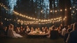 Wedding Banquet in the forest. The bride and groom are sitting at the table and drinking wine.