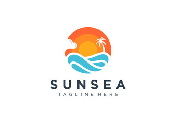 Wall Mural - Beach or coast logo in simple sun and ocean shape
