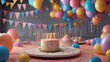 Birthday cake with candles. balloons and confetti. 3D rendering