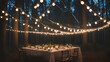 wedding table in the forest decorated with garlands and lights