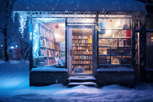 A Small Snowy Bookstore At Night. Nostalgic Composition Of Book Sales For Winter Holidays, Christmas And New Year.